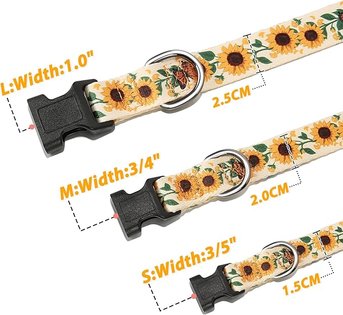 HEELE Dog Collar, Adjustable Soft Dog Collar for Small Medium Large Dogs,Sunflower Floral Patterned Puppy Collars with Quick Release Buckle Sunflower Yellow L Length 15.94''-25.59'
