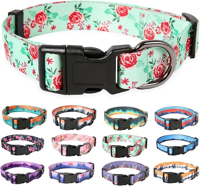 HEELE Dog Collar, Adjustable Soft Dog Collar for Small Medium Large Dogs,Floral Patterned Puppy Collars with Quick Release Buckle XS Length 8.5''-11''