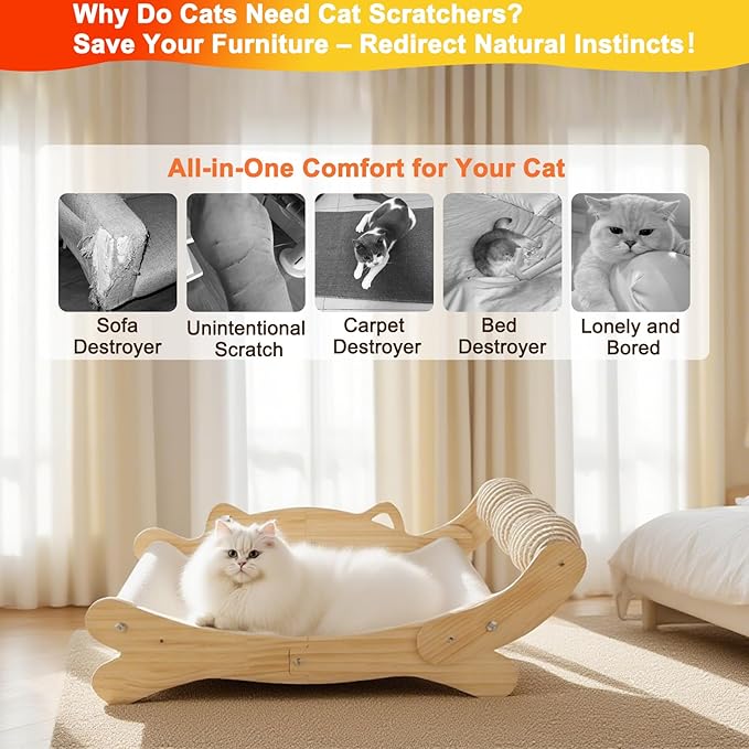 Cat Scratcher Bed for Indoor Cats | 3-in-1 Scratching Post & Hammock Lounge with Wooden Perch, No-Tip Stable Base for Small/Medium/Large Cats ，Durable Scratch Pad & Cat Furniture (Easy Assembly)
