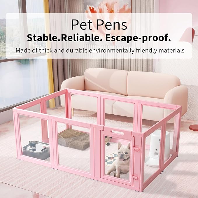 DIY Clear Acrylic Dog Playpen House,Quick Easy Assembly and Disassembly,Strong Floor Suction,Indoor and Outdoor Use,Easy Cleansing Puppy Fence (Sakura Pink, 23.6" H, 12PCS)
