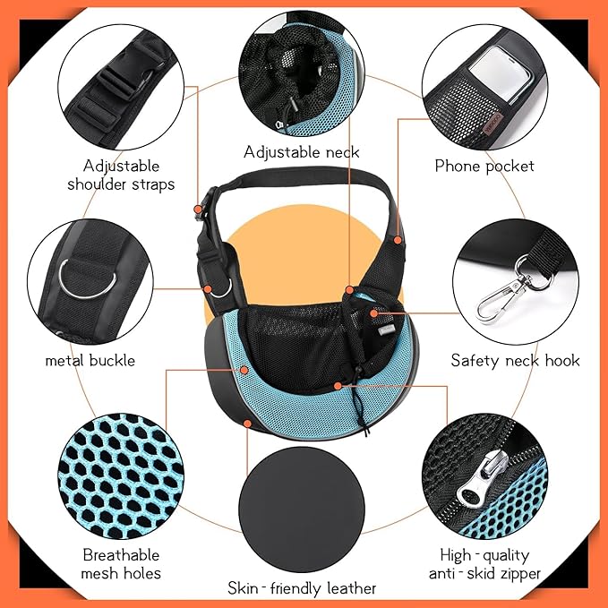 YUDODO Pet Sling Carrier for Small Dogs & Cats – Hands-Free Puppy Carrier with Safety Hook, Large Zipper Pocket, Soft Breathable Mesh, Adjustable Strap & Reflective Strip (Cyan 3.0 M)