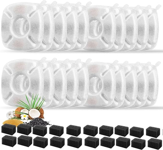 40 Pcs Cat Fountain Replacement Filters 20 Pack Cat Water Fountain Replacement Filters with 20 Pack Pre-Filter Sponges, Pet Fountain Filter Fit for 95oz/2.8L Automatic Pet Fountain Cat Water Fountain