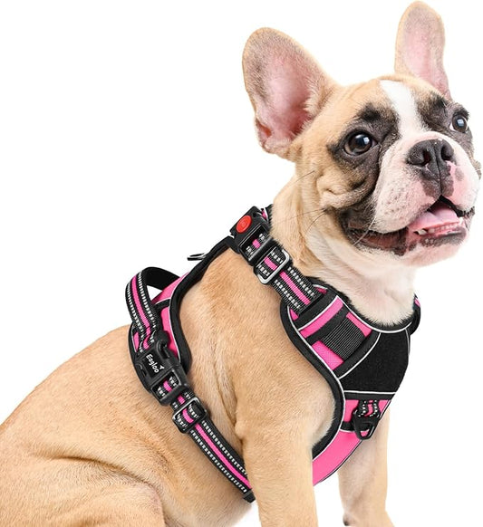 Eagloo Dog Harness Medium Sized, Easy Wearing with 3 Buckles, Adjustable No Pull Pet Harness with 2 Rings for Walking, No Chock Reflective Soft Padded Vest with Control Handle, Pink & Black, M