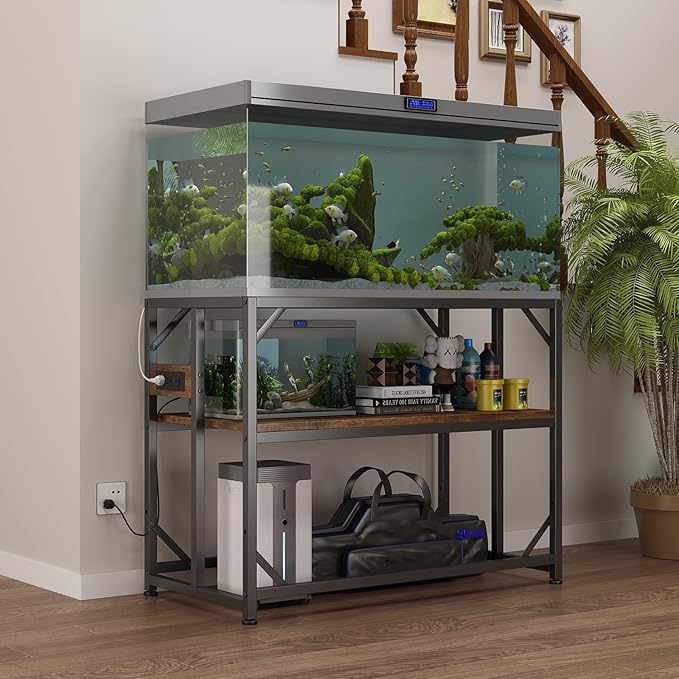 Sturdy Metal Aquarium Stand with Power Outlets, Adjustable Storage Cabinet - 660LBS Capacity, Rustic Brown - Suitable for 40 Gallon Fish Tank, Turtle Tank, Perfect Fish Tank Stand for Organization and Convenience
