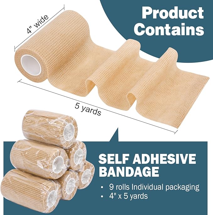 AZEN 9 Pack Self Adhesive Bandage Wrap, 4" X 5 Yards Elastic Cohesive Bandage Wrap, Skin Color Athletic Tape, Ankle Tape, Tattoo Grip Tape Wrap, Vet Wrap