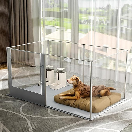 Dog Clear Playpen Fence Kennel: 32" Extra Tall Puppy Birthing Enclosure with Waterproof Fertility Pad - 64"x43" Pet Heavy Duty Play Pin Corral with Transparent View and Lockable Door for Dogs Bunny