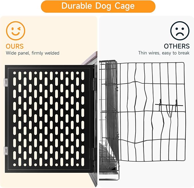 Heavy Duty Dog Crate Furniture for Large and Medium Dogs, 43.7 Inch Large Dog Crate Kennel with Flip Top & Cushion & Wheels, Escape Proof Pet Cage for High Anxiety Dogs