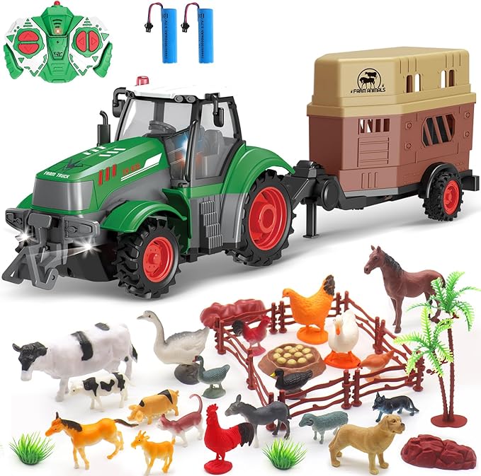 fisca Remote Control Tactor Toy Set & 33PSC Farm Vehicle Playset - Animal Figurines ,2.4GHz 1/24 Scale RC Tractor,Livestock Trailer, Fence with Light for Kids Age 4, 5, 6, 7 and Up Years Old
