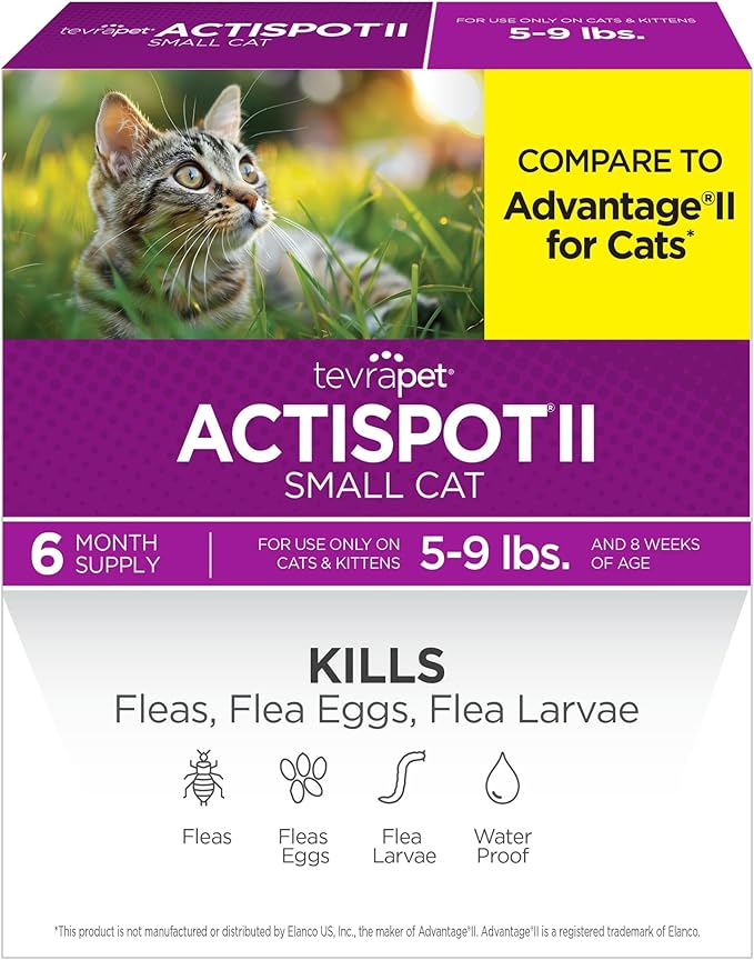 TevraPet Actispot II Flea Treatment for Small and Medium Cats 5-9 lbs | 6 Doses | Powerful Prevention and Control, Clear