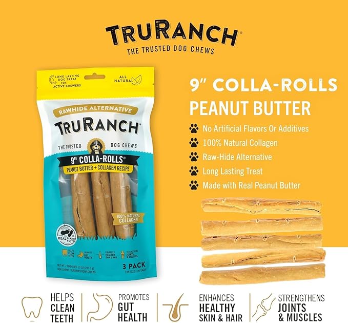 Collagen Rolls - 9" Collagen Rolls for Dogs - Long Lasting Healthy Joint Support - Rawhide Alternative - Skin & Coat Health - Made with Real Peanut Butter, Value Pack, 3 Bags, 9 Count