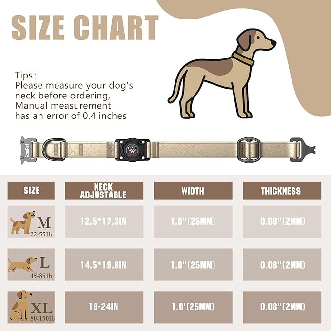 Airtag Dog Collar - Leather Dog Collar with Airtag Holder| IP68 Waterproof AirTag Holder with Metal Buckle, Comfortable GPS Dog Collars Tracker for Medium Large Dogs (Champagne Gold, L)