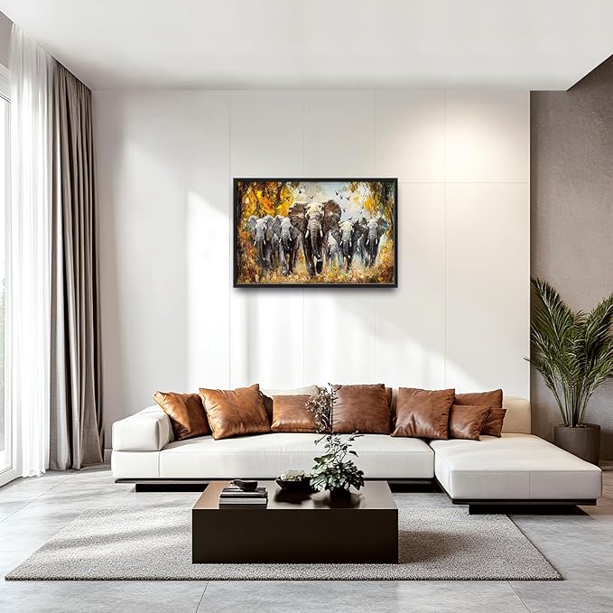 Extra Large Elephant Framed Wall Art for Living Room,Oversized Elephants Wild Animal Pictures Wall Decor,Forest Landscape Canvas Print Painting Modern Artwork Bedroom Office Bathroom 36L" x 24W"