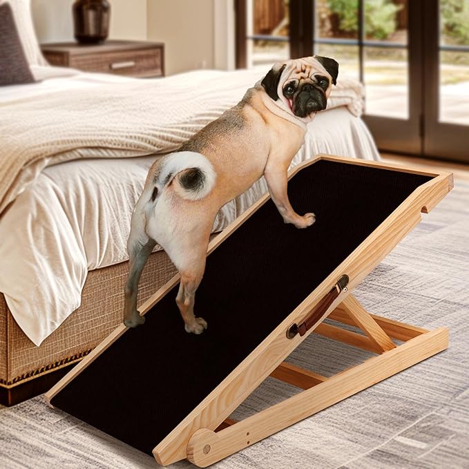 Dog Ramp for Bed, Adjustable Pet Ramps for Dog to Get on Bed, Non-Slip Rubber Surface - Folding Wooden Dog Ramp for Small/Large/Old Dogs, Adjustable up to 19.5 inch High Beds