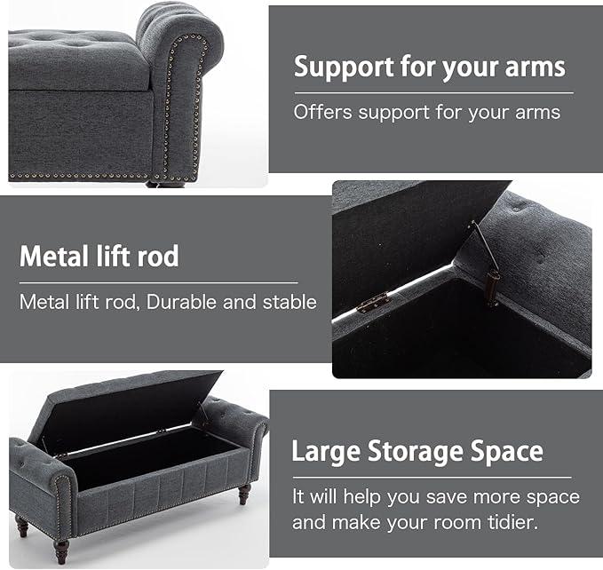 58’’ Storage Bench for Bedroom, Upholstered Button-Tufted Ottoman with Solid Wood Legs, Large End of Bed Shoe Cabinet, Window Seat Foot Rest Stool for Entryway, Closet, and Living Room (Dimgray)