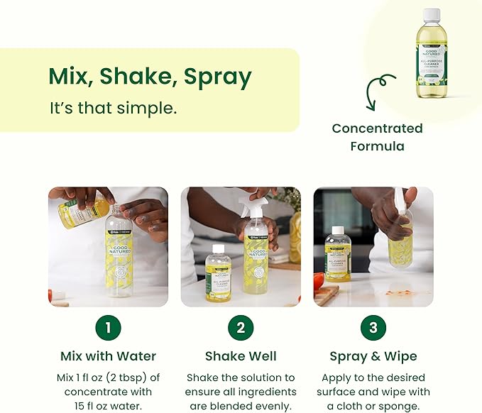 Good Natured Brand All-Purpose Cleaner Concentrate + 16 oz Bottle | Multi-Surface Cleaner | Natural Lemon Essential Oil | Multipurpose Cleaner All Surfaces | Lemon Love | 4oz makes 64oz