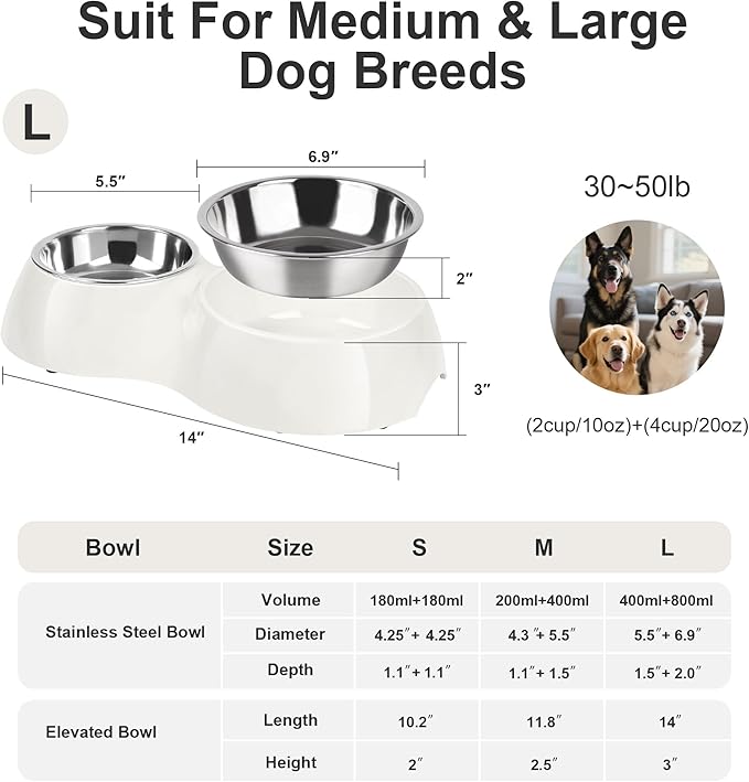 Elevated Dog Bowls Set - Non-Slip Raised Pet Feeder with Medium (10 oz) & Large (20 oz) Stainless Steel Bowls - Includes Durable Resin Stand for Puppies, Adult Dogs & Cats - White