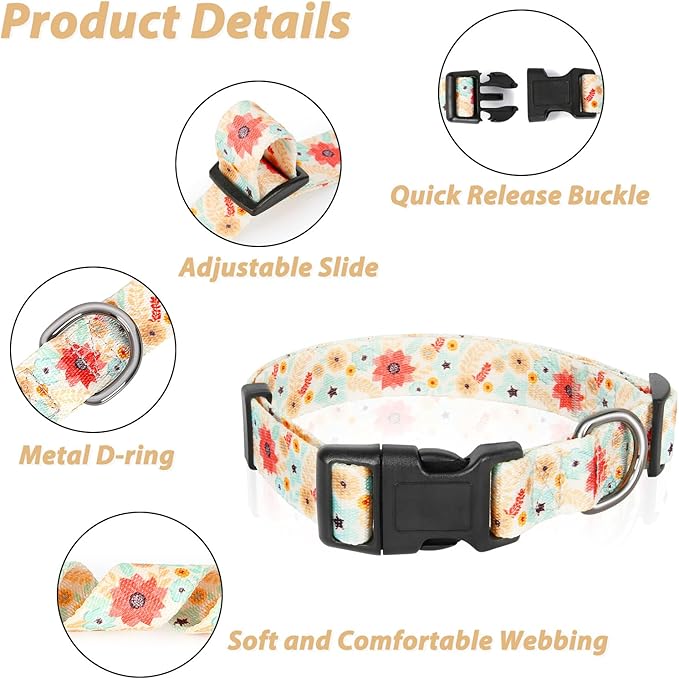 HEELE Dog Collar, Adjustable Soft Dog Collar for Small Medium Large Dogs,Floral Patterned Puppy Collars with Quick Release Buckle Galsang White L Length 15.94''-25.59'