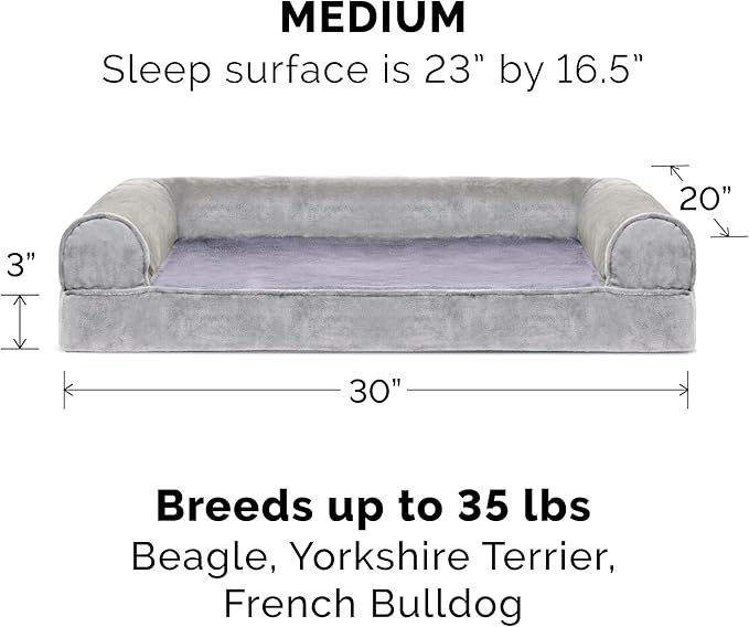 Furhaven Cooling Gel Dog Bed for Medium/Small Dogs w/ Removable Bolsters & Washable Cover, For Dogs Up to 35 lbs - Faux Fur & Velvet Sofa - Smoke Gray, Medium