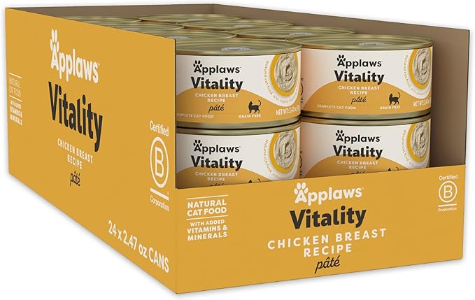Applaws Vitality Wet Cat Food Paté, Natural Canned Cat Food, Wet Food for Cats with Added Vitamins and Minerals, Grain Free, Carrageenan Free, Chicken Breast Recipe (24 Count, 2.47 oz Cans)