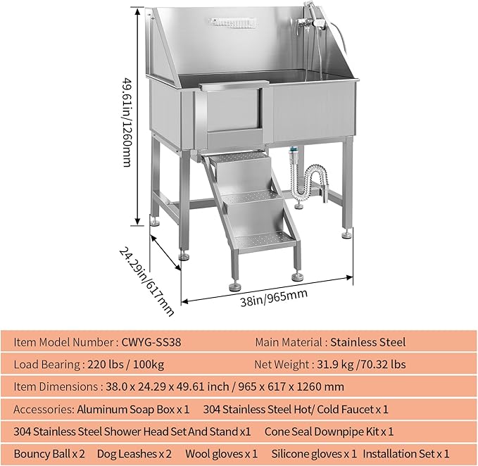 Dog Washing Station 38'' Stainless Steel Pet Grooming Tub for Large Dogs Over-Size Professional Dog Grooming Bathtub Station Wash Shower Sink Pet Grooming Bathtub Station,Left Door