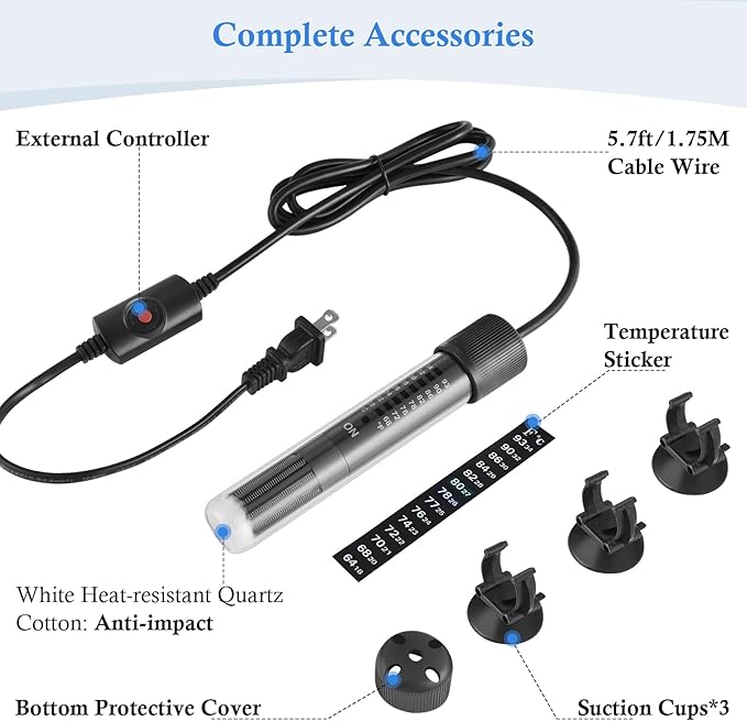 HITOP Thickened Glass Aquarium Heater: 50W 100W 300W Upgraded Fish Tank Heater with Controller, Fish Tank Thermostat Heater for Seawater/Fresh Water 5-65Gal