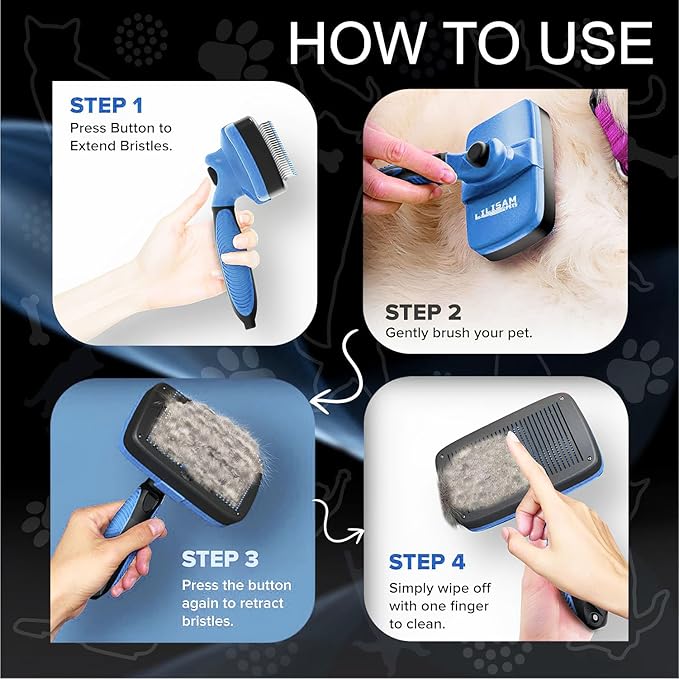 Pet Self Cleaning Slicker Brush and Grooming Comb - Gently Removes Loose Hair, Tangles, and Dirt - Skin Friendly Deshedding Grooming Tool for Hair Dogs & Cats - Pet Supplies Accessories (Blue)