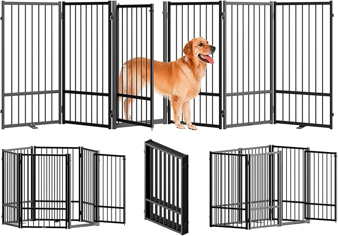 Full Metal Freestanding Dog Gate with Door, 32''Height Foldable Pet Dog Fence for Indoor & Outdoor, 6 Panels Extra Wide Free Standing TallDog Gates for Doorways,House,Stairs,Porch,Deck,Yard