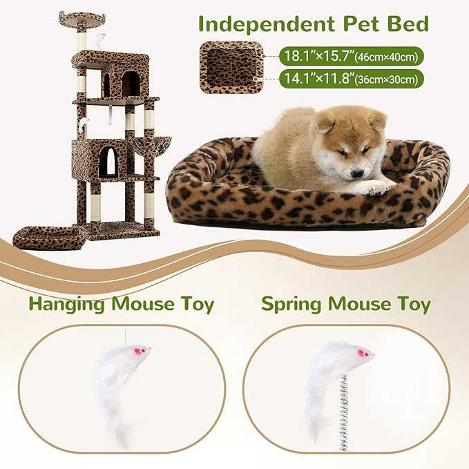 Globlazer Heavy Duty Cat Trees for Large Cats, Sturdy 72in Maine Coon Cat Tree for Large Cat 20 lbs+ Heavy Duty Cat Tower for Adult Biggest Cats with 6 Scratching Posts, Hammock, S72, Leopard Print