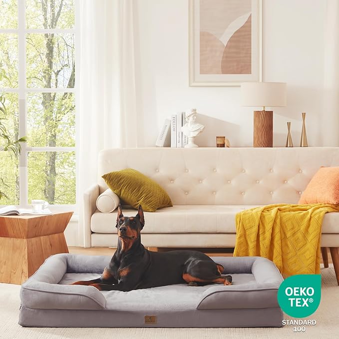 Bedfolks Orthopedic Dog Bed XXL, Waterproof Dog Sofa Bed for Giant Dogs, Egg Foam Pet Couch Bed with Removable Washable Cover and Nonslip Bottom, Light Grey
