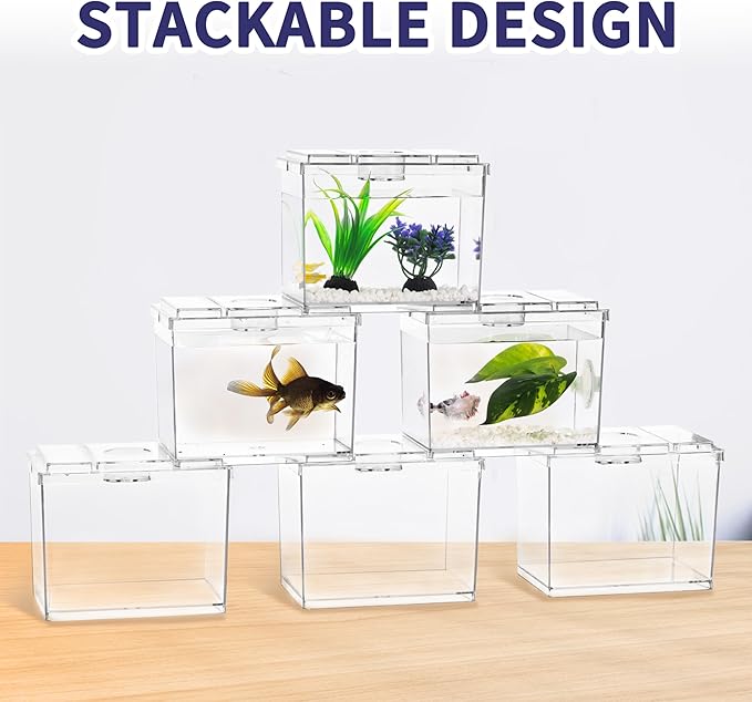 Mini Betta Fish Tank, Small Fish Bowl for Temporary Space, 0.2 Gallon Stackable Cube Tank with Betta Leaf and Gravels for Small Fish, Insect, Shrimp, Crab, Spider.(Pack-2)