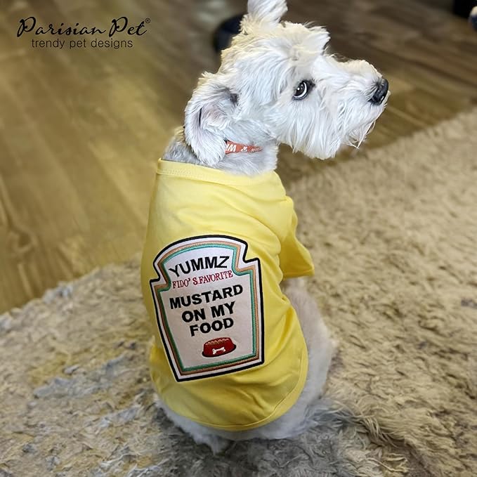 Parisian Pet Dog Shirt - Embroidered “Mustard on My Food“ - 100% Cotton and Polyester Dog Clothes - Sleeved, Lightweight Costume for Dogs - Yellow Dog Shirts for Large Dogs - Pet Costumes - XL