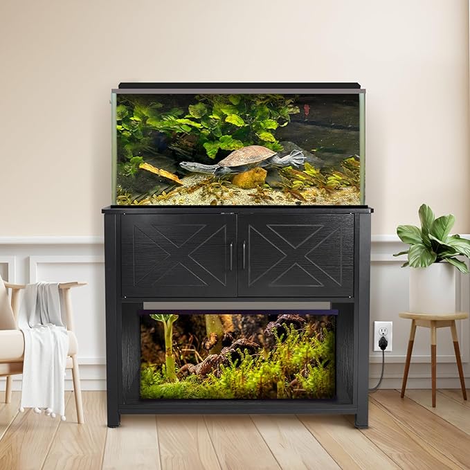 40 Gallon Tank Stand with Cabinet and Power Outlets, Heavy Duty Metal Aquarium Stand for 40-50 Gallon Breeder Tank, Turtle Tank, Double Terrarium Stand, 660LBS Capacity, Black