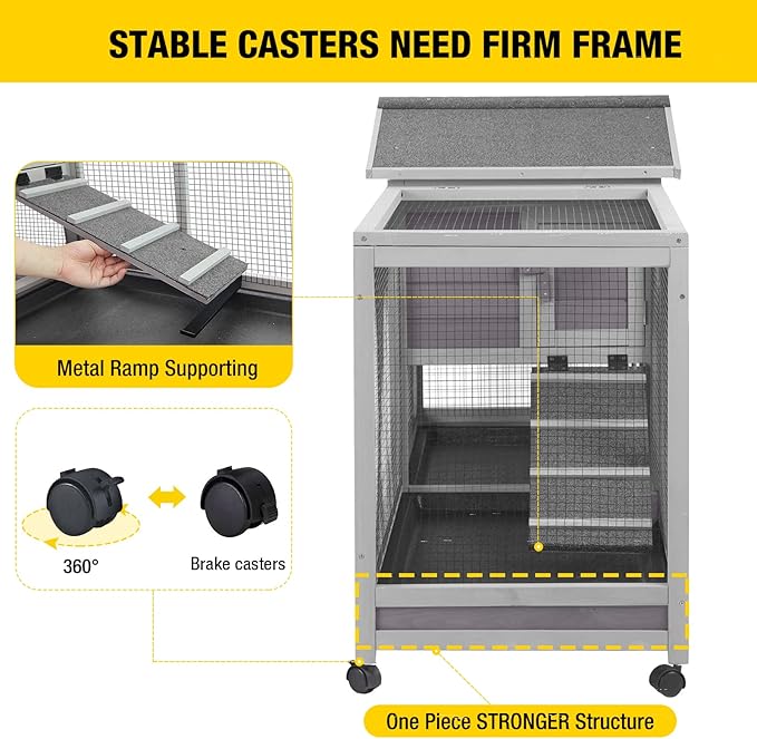 Aivituvin Rabbit Hutch Outdoor Indoor Rabbit Cage Chikcen Coop with Casters Guinea Pig Cage with 3 Deep No Leakage Pull Out Tray,Waterproof Roof