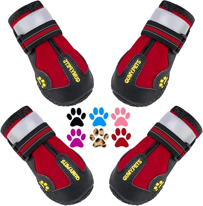 QUMY Dog Shoes for Large Dogs, Medium Dog Boots & Paw Protectors for Winter Snowy Day, Summer Hot Pavement, Waterproof in Rainy Weather, Outdoor Walking, Indoor Hardfloors Anti Slip Sole Red Size 2