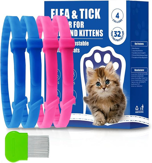 4 Pack Flea and Tick Collar for Cats, Natural Plant Oil Formula Cat Flea Collar Provides 32-Month Protection for Flea & Tick Prevention, Waterproof & Adjustable Cat Flea Treatment for Most Cats