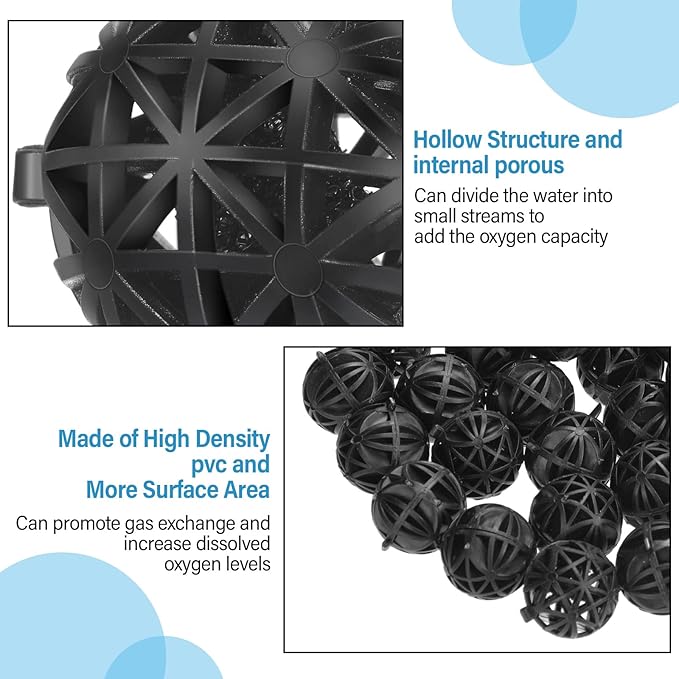 CHENGU 300 Pieces Black Bio Balls for Aquarium 1.02 Inch Internal Bioballs with 5 Pieces Aquarium Filter Media Bags with Zipper for Fish Tank Pond