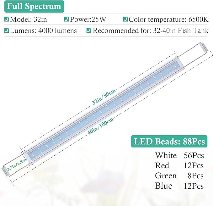 HITOP Full Spectrum LED Aquarium Light – 32-40" Classic Fish Tank Light with Timer, Aquarium Plant Light with Stable Extendable Brackets (32-40in)