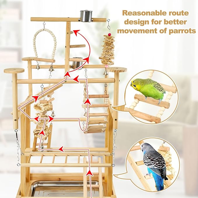 Bird Playground - Natural Wood Parrot Playstand with Perches, Bird Play Gym & Accessories, Removable Tray & 4 Stainless Steel Cups