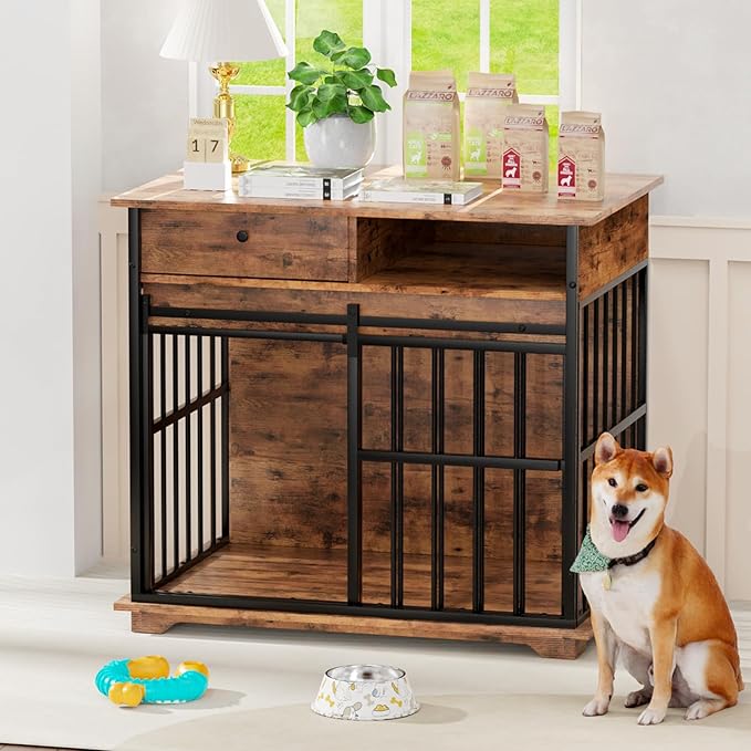 35.5" Dog Crate Furniture, Wooden Dog Crate Furniture for Medium Small Dogs, Wooden Dog Kennel End Table with Drawer and Open Shelves, Sliding Door Dog Kennel Furniture