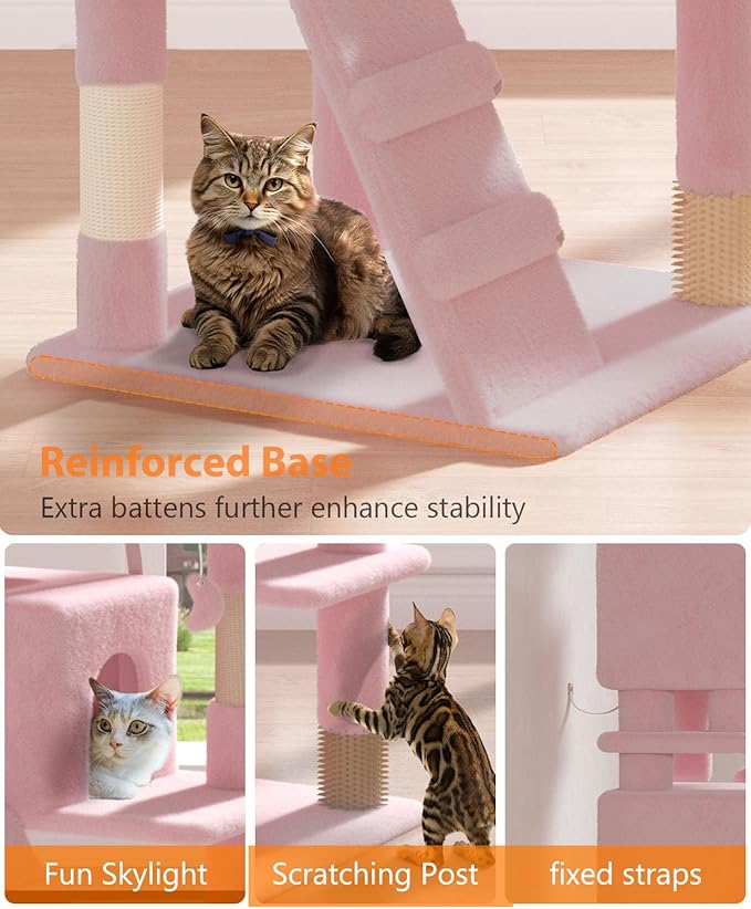 77'' Cat Tree Tower for Indoor Cats Large Adult, Cute/Tall Modern Cat Tree for Big Cats 20 lbs, Plush Multi-Level Cat Condo with Scratching Posts,Dangling Ball (Soft Pink, 77 inch)