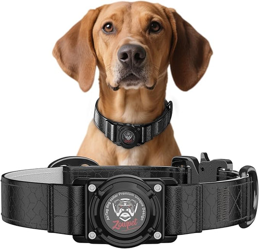 AirTag Dog Collar - Leather Dog Collar with Airtag Holder | IP68 Waterproof AirTag Holder with Metal Buckle, Comfortable GPS Dog Collars Tracker for Medium Large Dogs (Black, M)