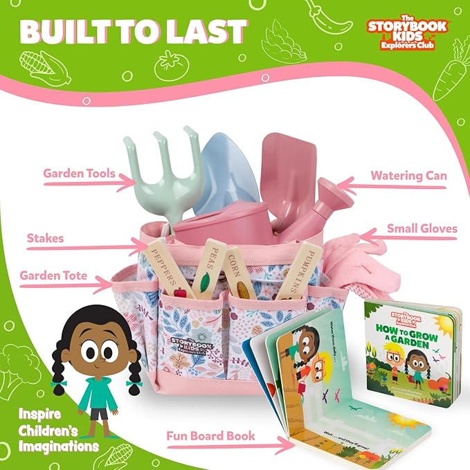 Floral Garden Kit Tools - Includes Sturdy Tote Bag, Watering Can, Gloves, Shovels, Rake, and Delightful Children's Book - Kids Garden Tool Set -Easter Gifts for Toddler Age on up