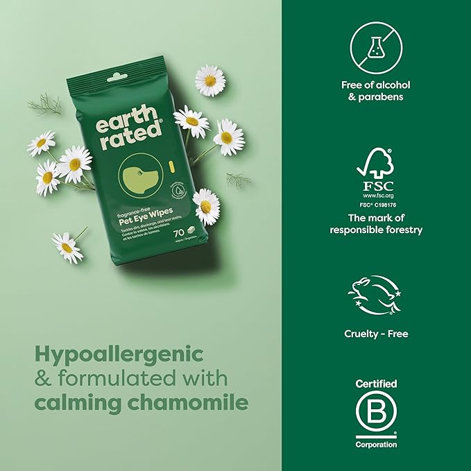 Earth Rated Vet-Developed Pet Eye Wipes, Hypoallergenic Cleaner for Dogs & Cats Eyes to Remove Dirt & Discharge, Fragrance Free, 70 Count