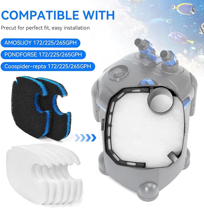 Canister Filter Pads Compatible with AMOSIJOY 172/225/265GPH Canister Filter Media Replacement for Pondforse 172/225/265GPH Aquarium Canister Filter for Aquariums Fish Tanks Turtle Tank 8 Pack