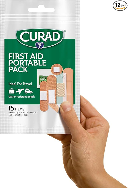CURAD First Aid Portable Pack |15 - Count On-the-Go Essentials |12 Packs