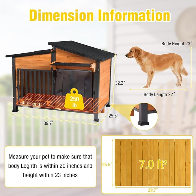 Chew-Resistant Dog House with Metal Frame, Wooden Kennel for Indoor & Outdoor Use, Waterproof Roof & Feeding Bowls Included (Wood, L-in)