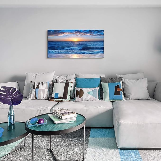 canvas wall art for living room Blue Ocean Sea sun landscape painting bathroom Wall Decor Ready to Hang for Home Decorations office family bedroom kitchen Works canvas Prints pictures 24" x 48"inch