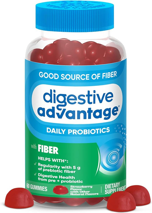 Digestive Advantage Prebiotic Fiber Gummies + Probiotics for Gut Health, 5g Prebiotic Fiber Plus 1 Billion CFU Probiotic, Supports Digestive Health & Regularity, (60ct Bottle) Strawberry Flavor*