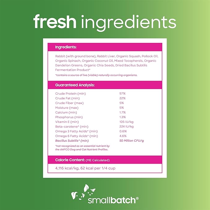 Smallbatch Freeze Dried Dog Treats, Superfood Food Topper Rabbit Bites for Dogs & Cats, Probiotics, Organic Ingredients, High Protein, Grain Free Healthy Treat & Food Topper, Made in the USA, 7 oz Bag