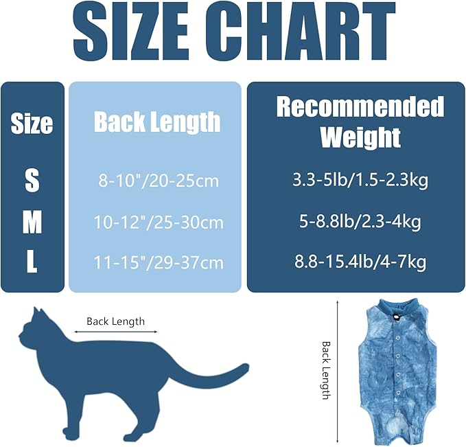 Cat Recovery Suit for Male and Female Surgical Post Surgery Soft Cone Onesie Tie Dye Cats Shirt Clothes Neuter Licking Protective Diapers Outfit Cover Kitten Spay Collar Alternative(Navy Blue, S)